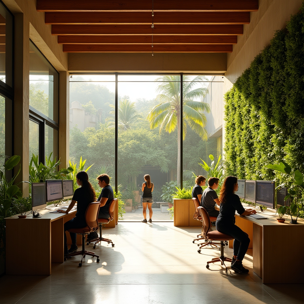 Modern media education center in Cartagena, Colombia with journalists working at desks