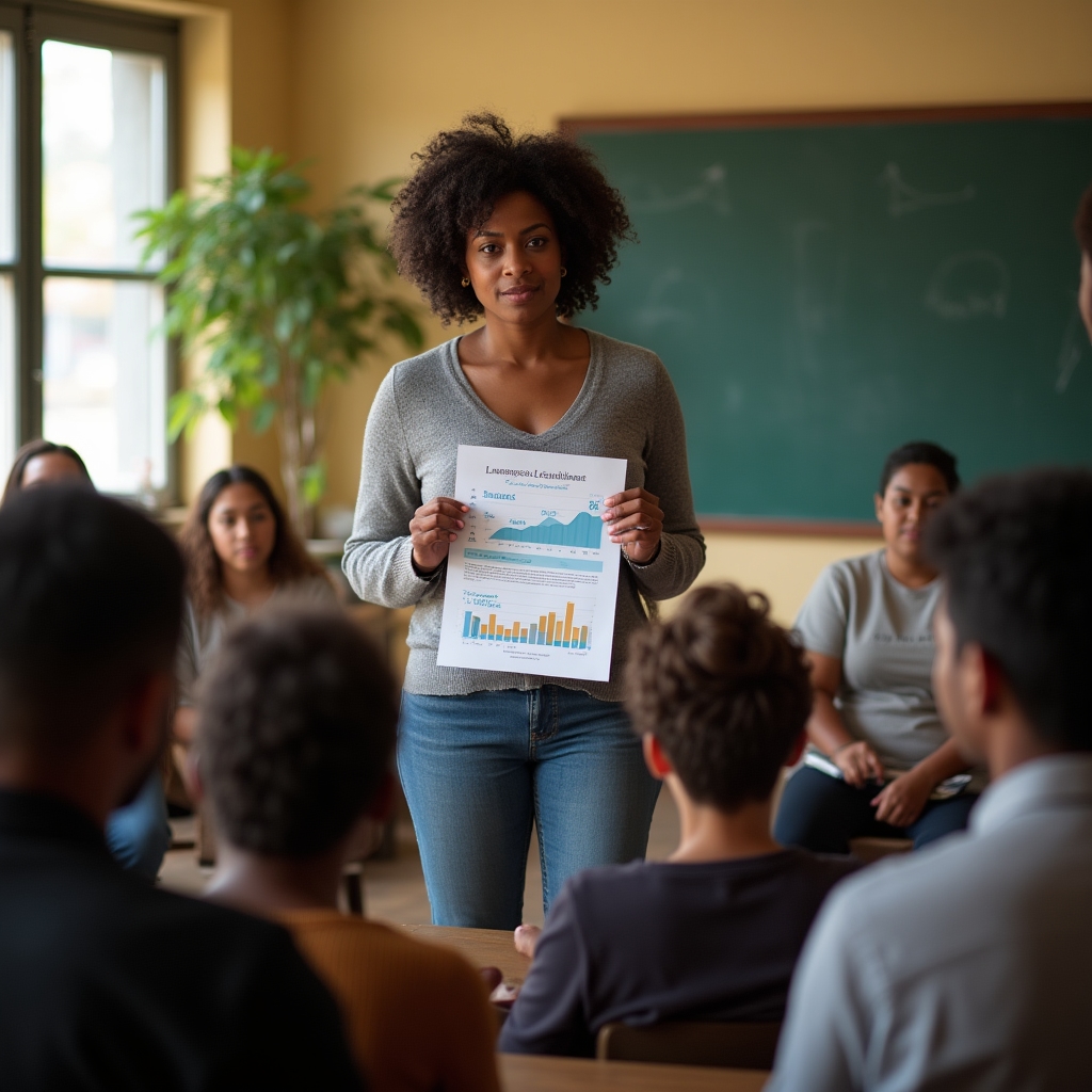 Community leader presenting economic information to a neighborhood group in Colombia