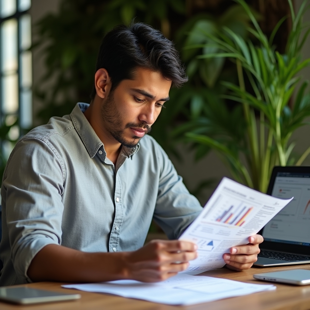 Journalist reviewing financial documents and economic data on a desk