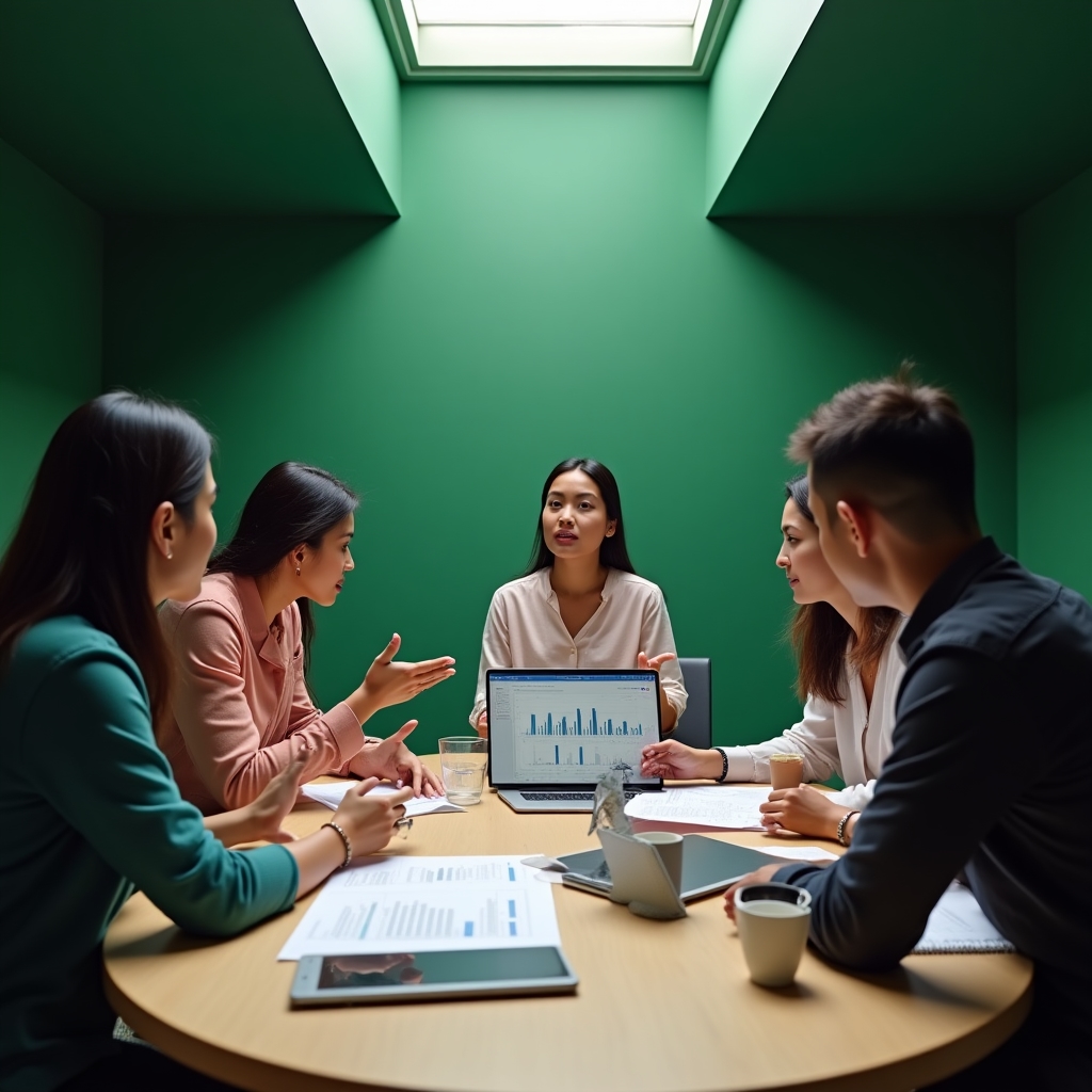 Group of young Colombian journalists collaborating in a workshop setting with laptops and data charts