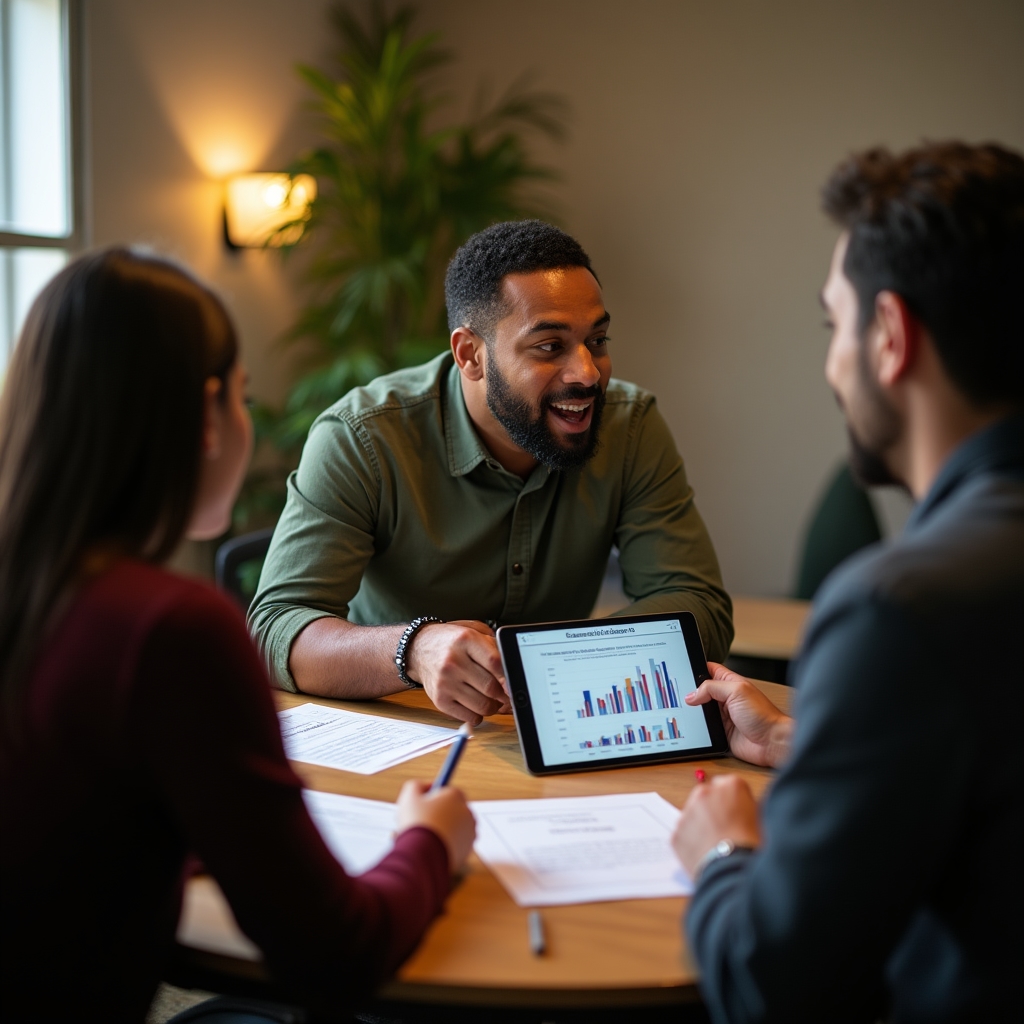 Small group of community communicators engaged in workshop discussion around a table with printed data sheets